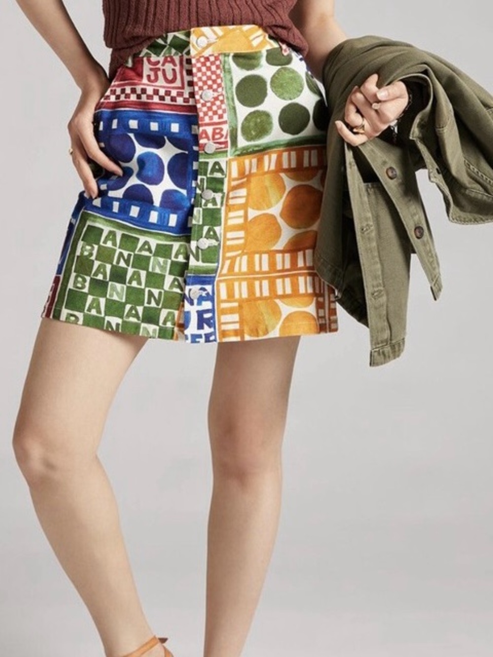 FARM Rio Patchwork Graphic Mini Skirt in Blue, Green & Orange
